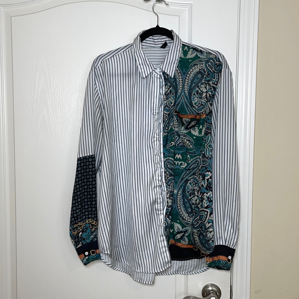 Large long sleeve button up shirt with pattern